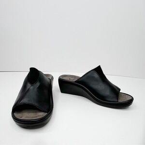 MEPHISTO Black Leather Mobils Open Toe Mule Shoes Wedge‎ Heel 7